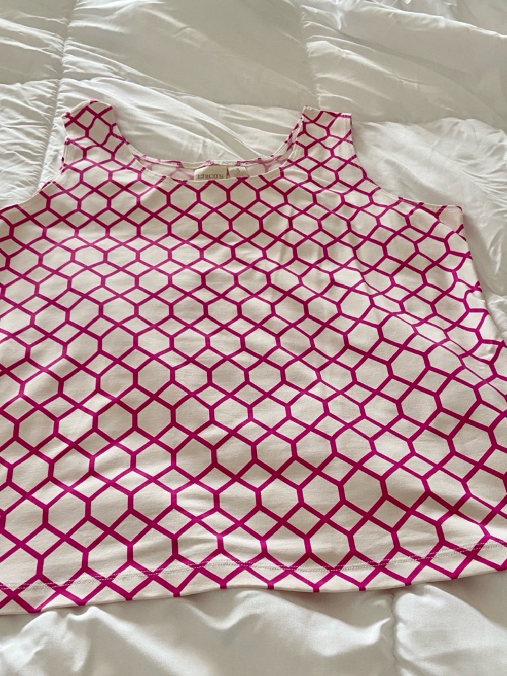 Chico's White Tank with Bright Pink Geometric Lattice